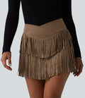Crossover High Waisted 2-in-1 Fringe Hem Bodycon Mini Suede Party Skirt