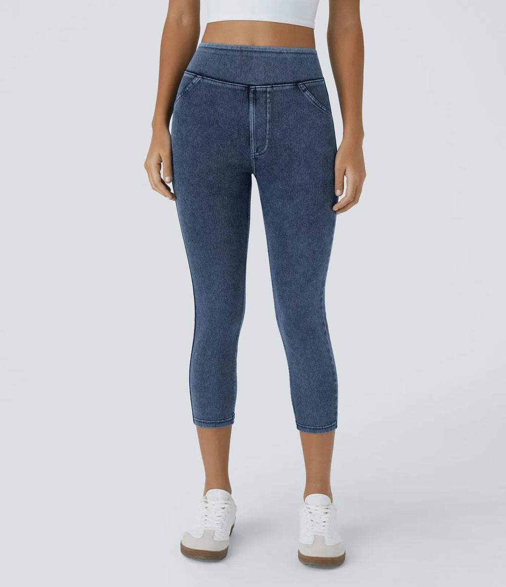 High Waisted Pocket Denim Capri Casual Leggings