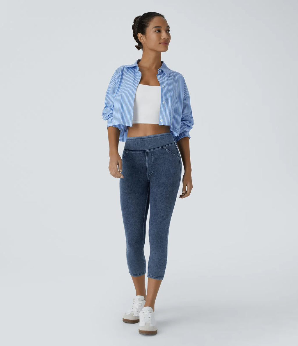 High Waisted Pocket Denim Capri Casual Leggings