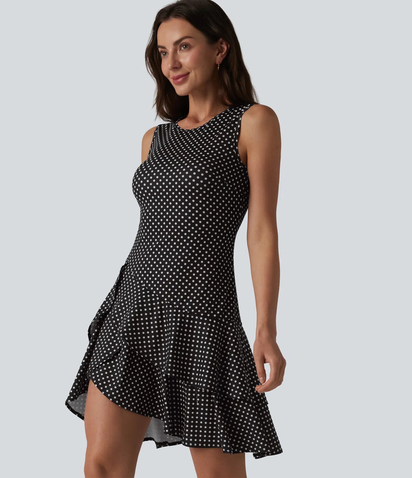 Sleeveless Layered Ruffle Hem Polka Dot Mini Casual Dress