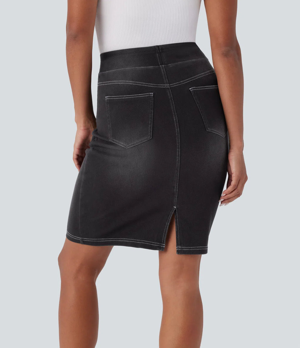 High Waisted Pockets Washed Denim Casual Skirt