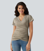 V Neck Short Sleeve Ruched Casual Top