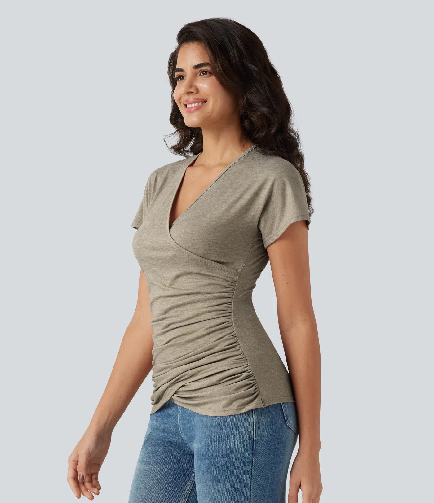 V Neck Short Sleeve Ruched Casual Top