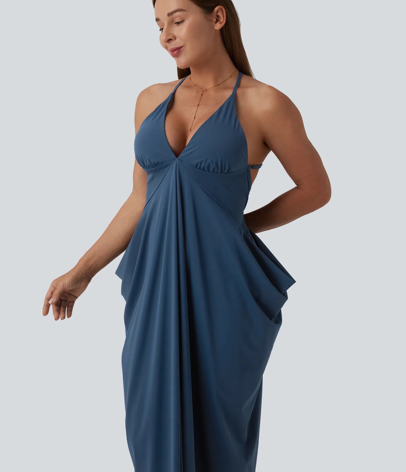 Crisscross Backless Deep V-neck Stacked Ruched Maxi Party Slip Dress