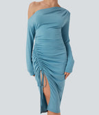 One-shoulder Long Sleeve Ruched Split Midi Bodycon Dress