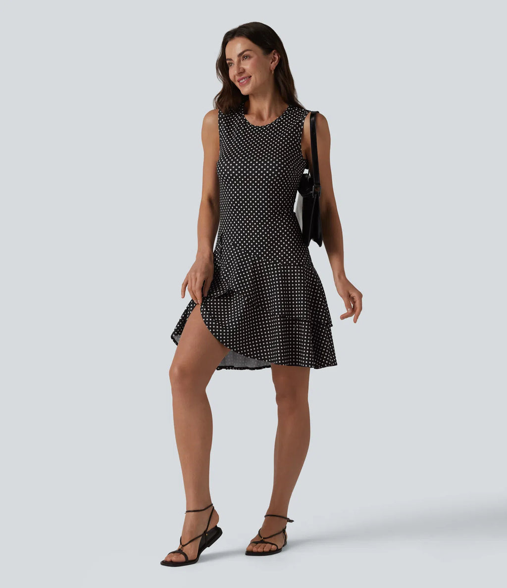 Sleeveless Layered Ruffle Hem Polka Dot Mini Casual Dress