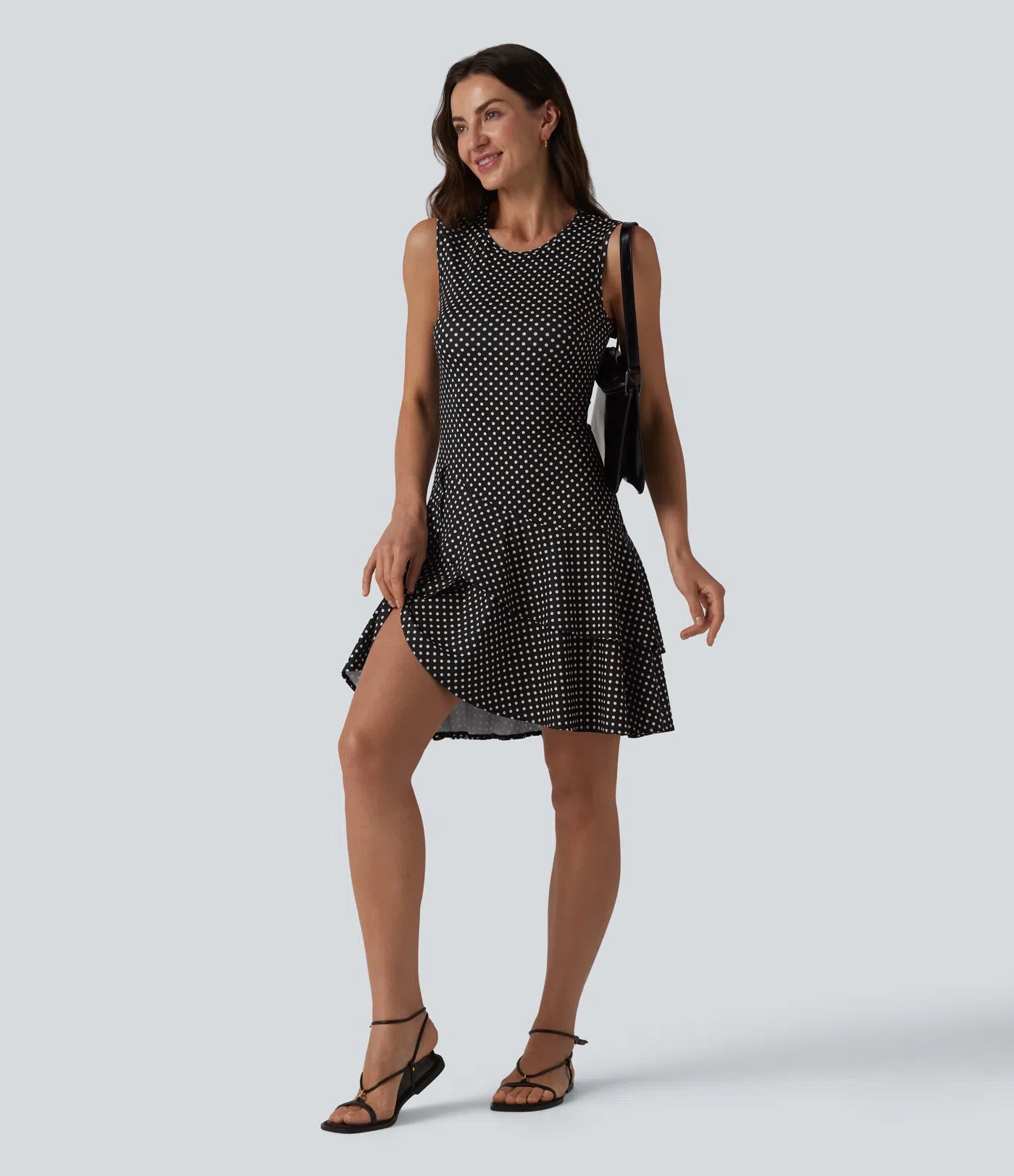 Sleeveless Layered Ruffle Hem Polka Dot Mini Casual Dress