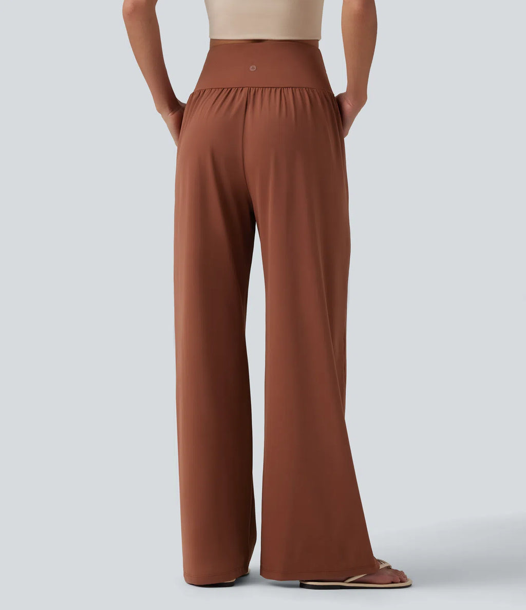 Airy Crossover High Waisted Cool Touch Casual Baggy Pants with Pockets