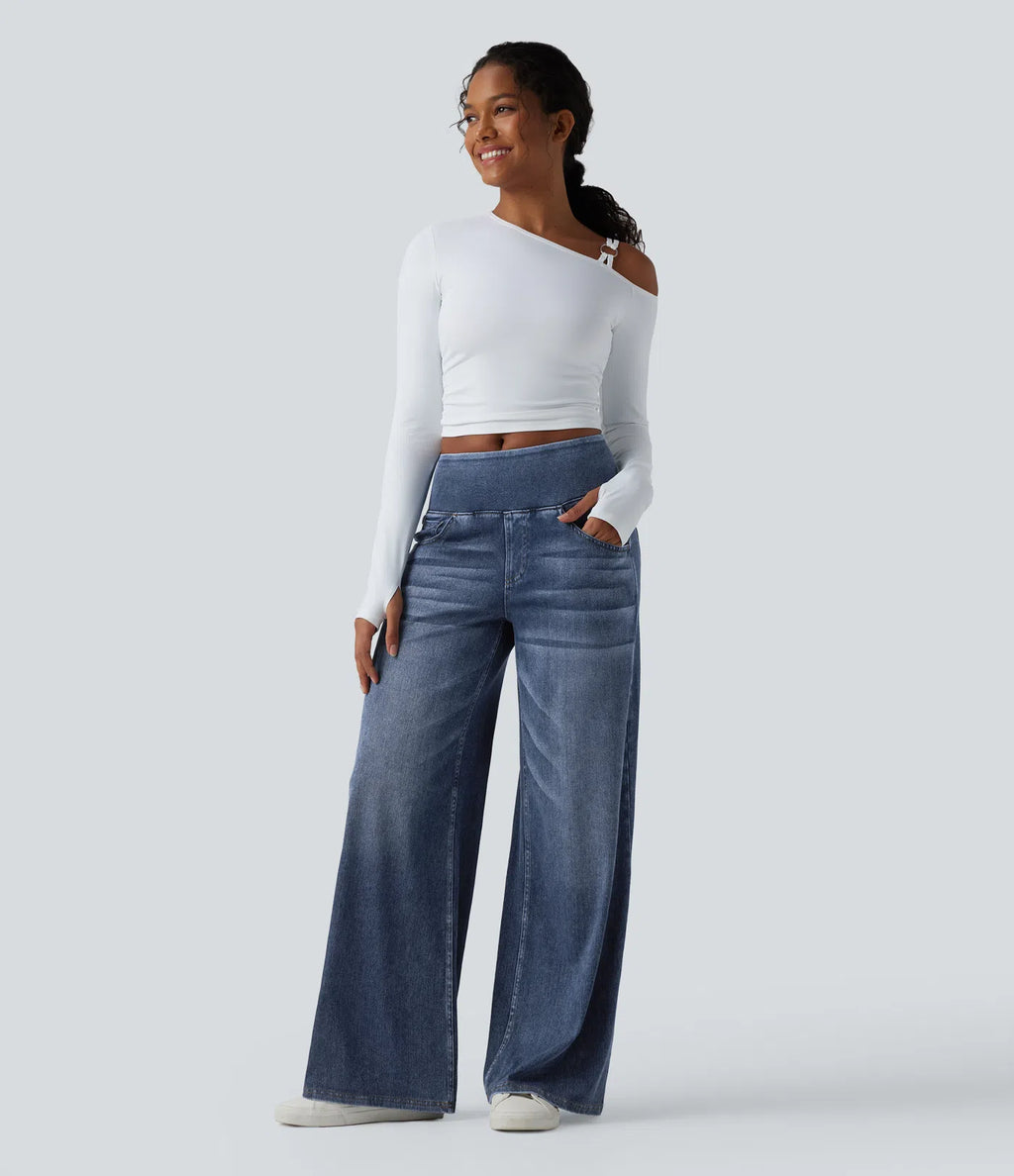 Mid Rise Draped Lyocell Washed Casual Baggy Wide Leg Jeans with Pockets