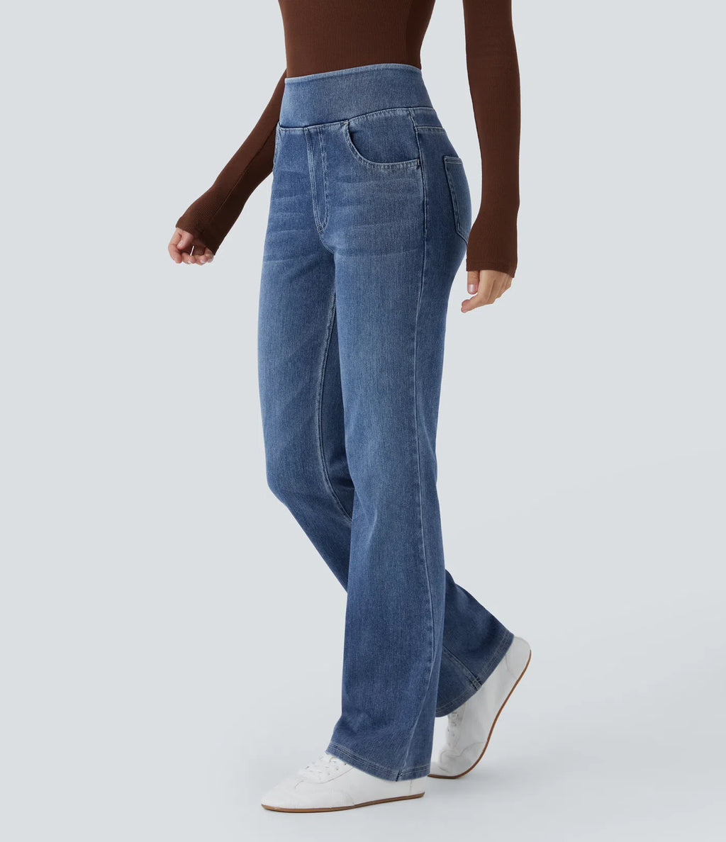 High Waisted Pockets Washed Casual Bootcut Jeans