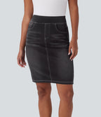 High Waisted Pockets Washed Denim Casual Skirt