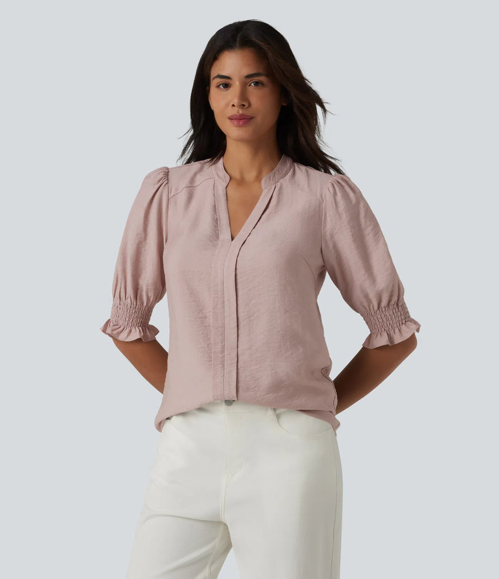 V Neck Puff Short Sleeve Casual Blouse