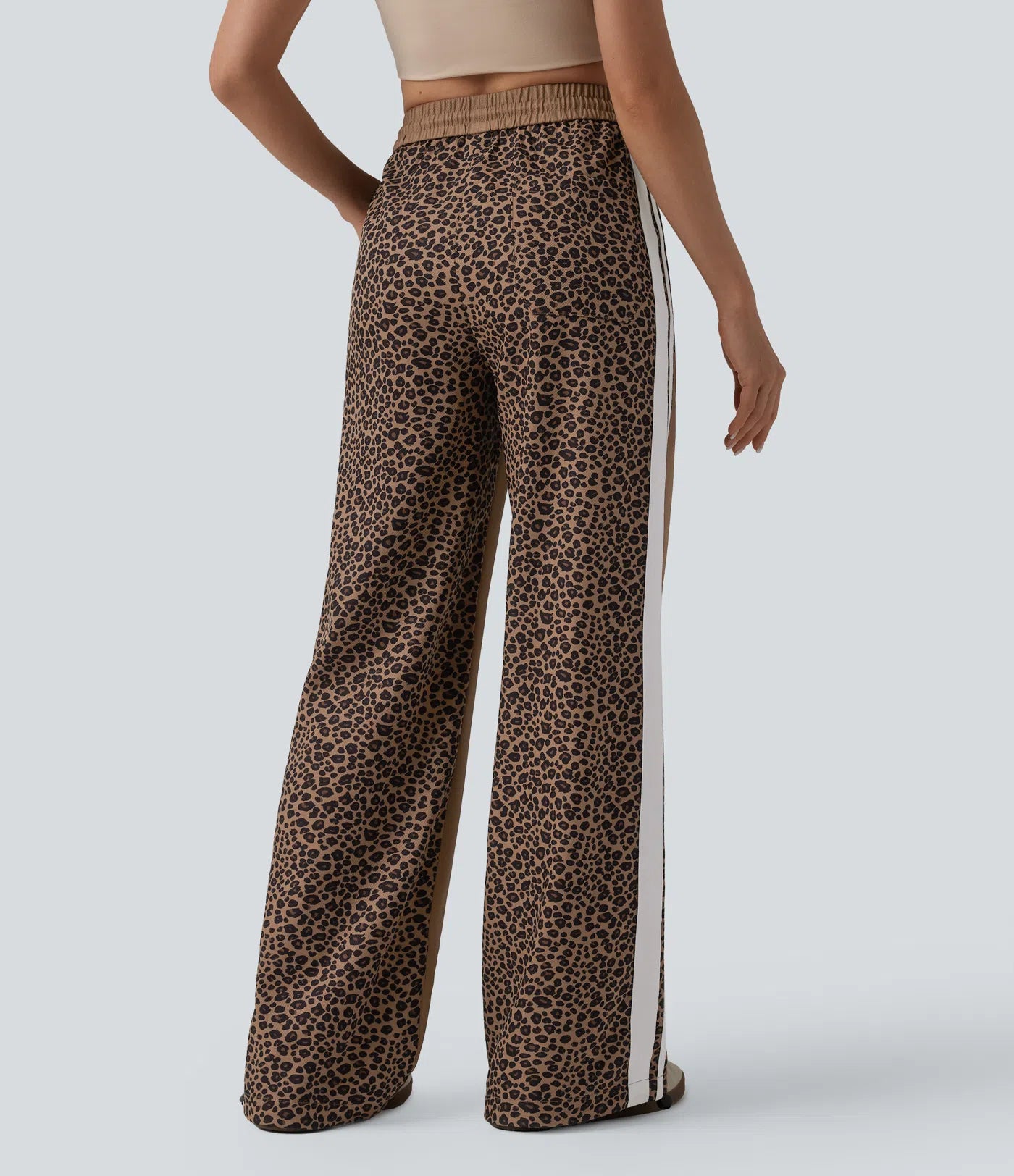 Stripes Contrast Leopard Casual Baggy Pants with Pockets