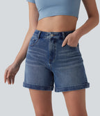 Mid Rise Rolled Hem Denim Casual Shorts 5'' with Pockets