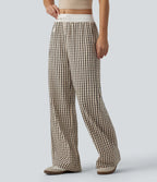 Mid Rise Drawstring Wide Leg Baggy Plaid Casual Pants with Pockets