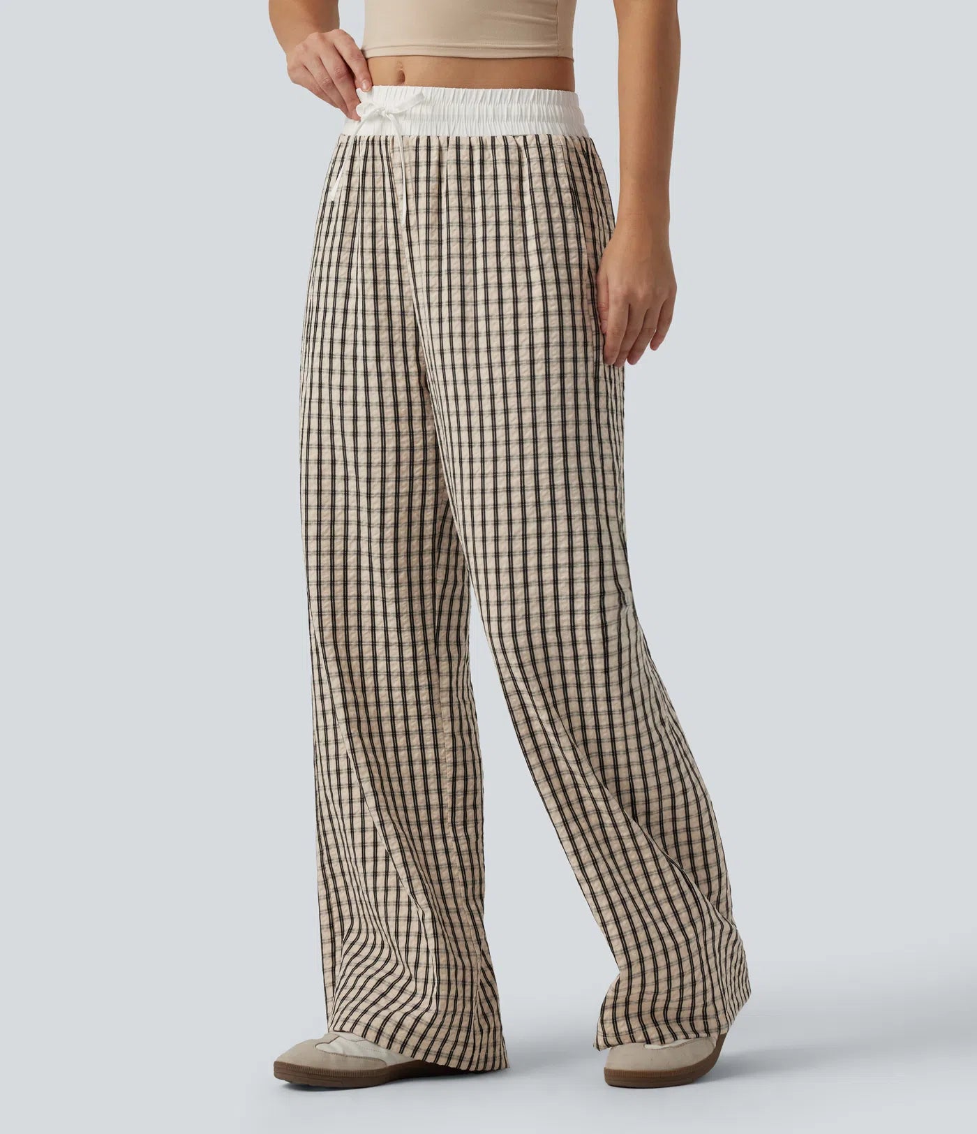 Mid Rise Drawstring Wide Leg Baggy Plaid Casual Pants with Pockets