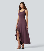 Crisscross Backless Split Ruffle Hem Built-in Bra Midi Party Flowy Dress