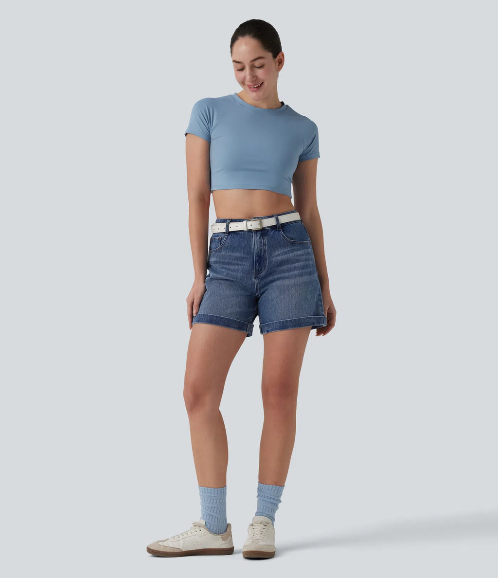 Mid Rise Rolled Hem Denim Casual Shorts 5'' with Pockets