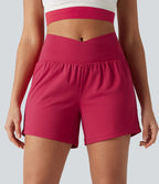 Airy Crossover High Waisted 2-in-1 Cool Touch Yoga Shorts 5'' with Pockets