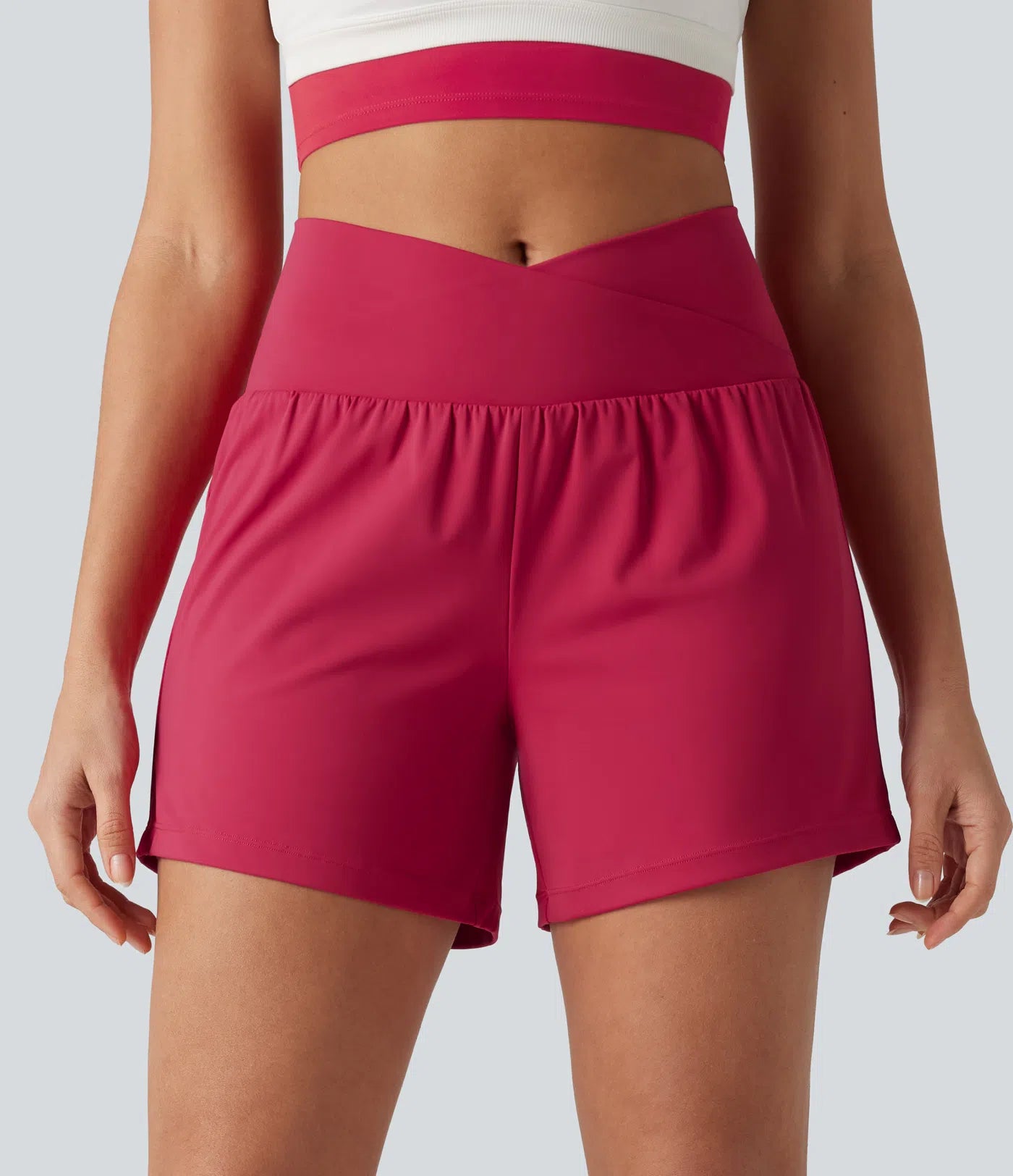 Airy Crossover High Waisted 2-in-1 Cool Touch Yoga Shorts 5'' with Pockets