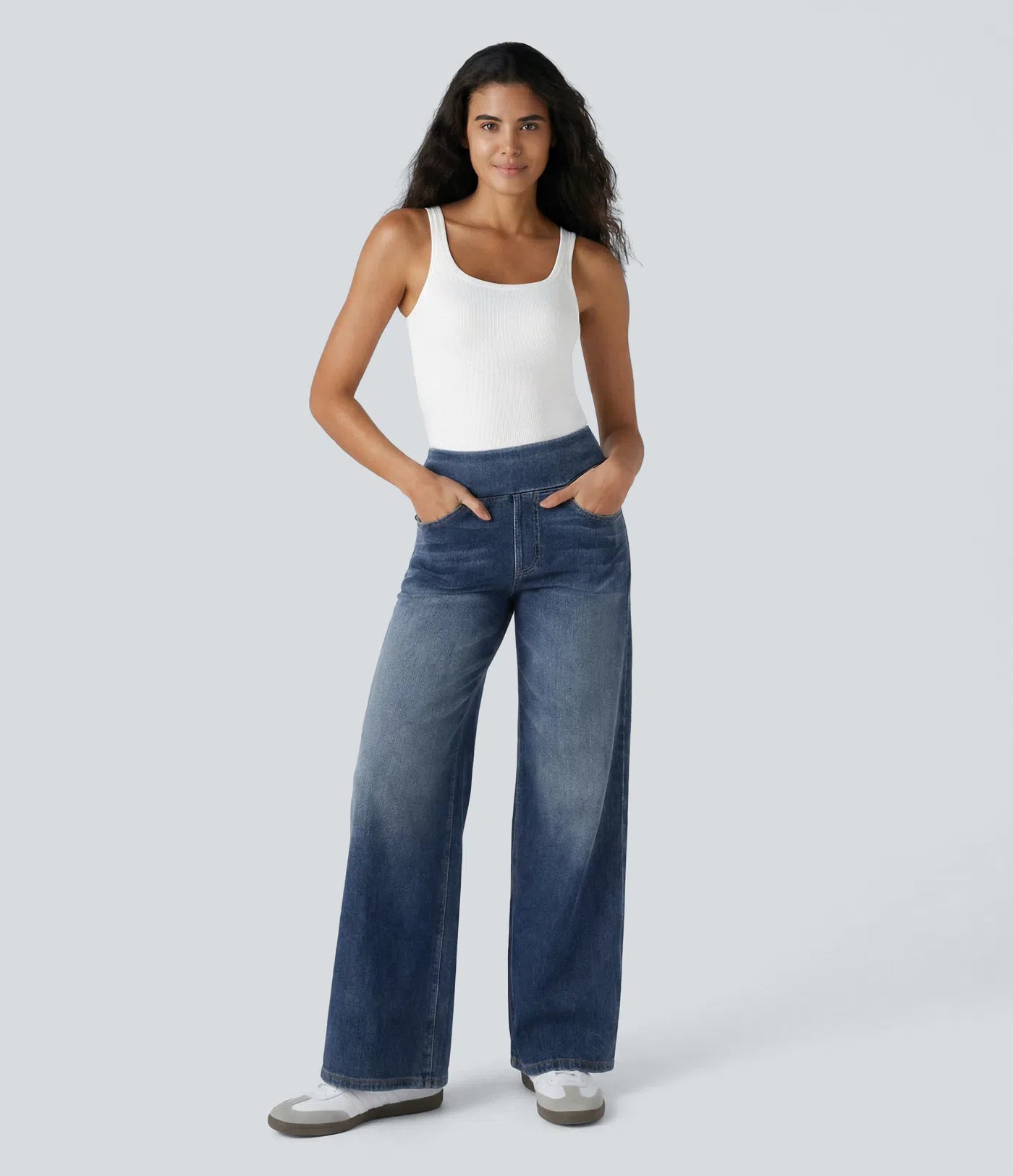 High Waisted Pockets Baggy Wide Leg Washed Casual Jeans