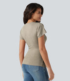 V Neck Short Sleeve Ruched Casual Top