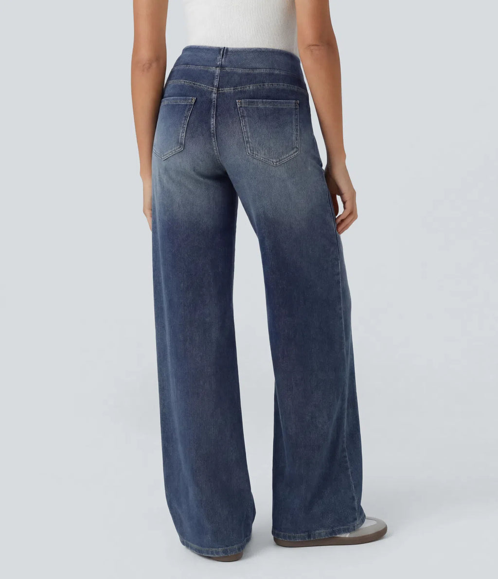 High Waisted Pockets Baggy Wide Leg Washed Casual Jeans