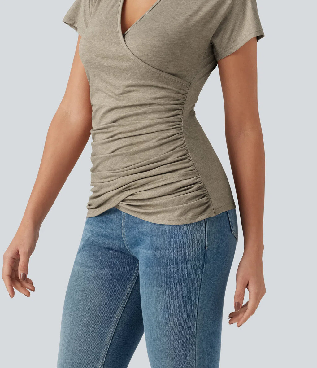 V Neck Short Sleeve Ruched Casual Top