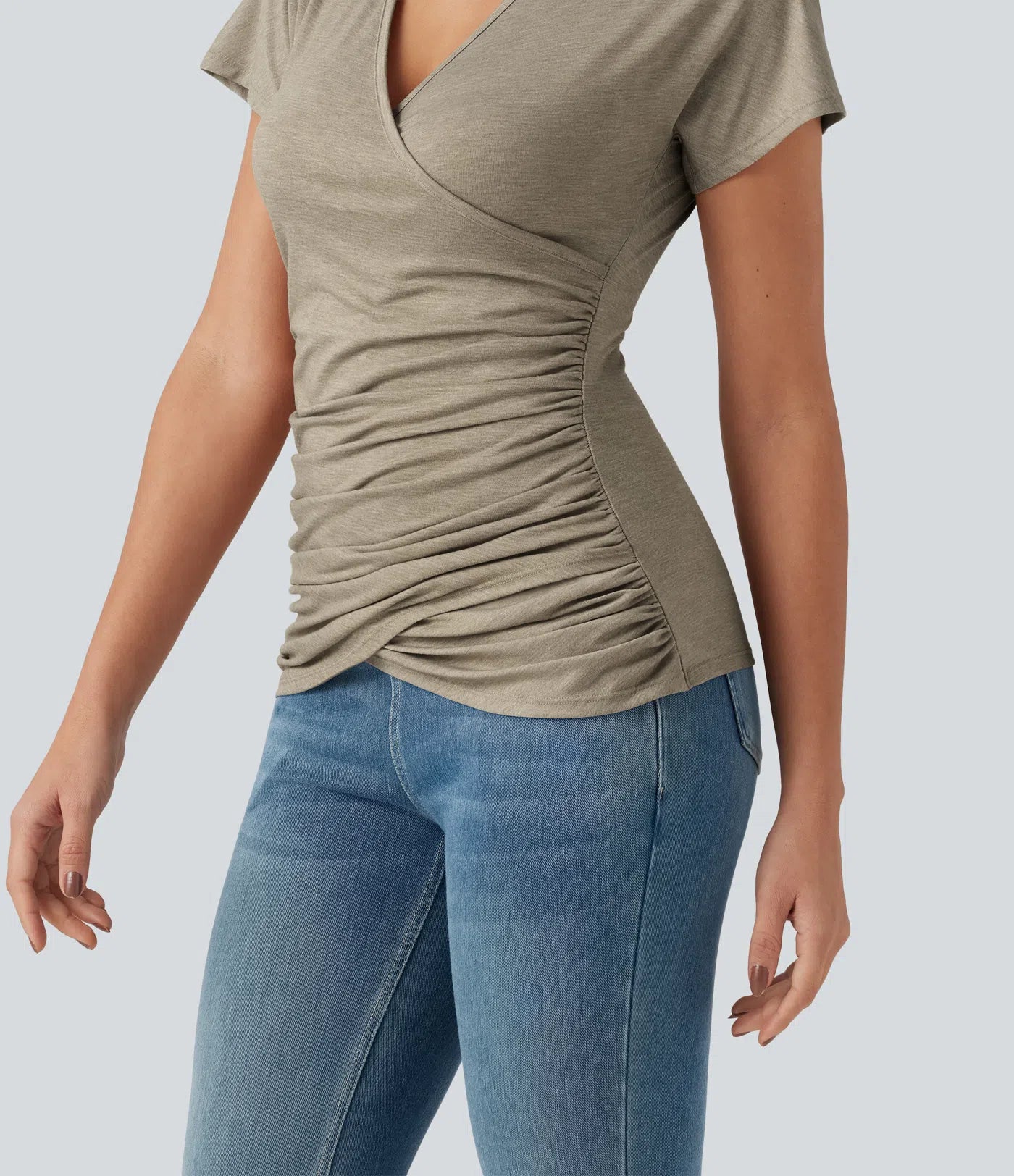 V Neck Short Sleeve Ruched Casual Top