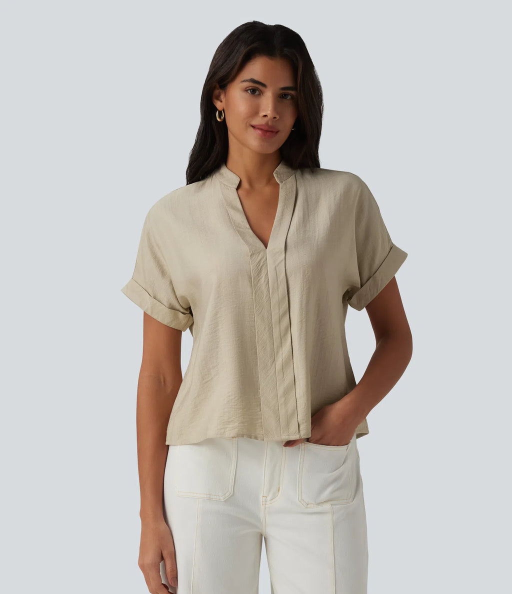 V Neck Short Sleeve Linen-Feel Work Shirt