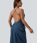 Crisscross Backless Deep V-neck Stacked Ruched Maxi Party Slip Dress