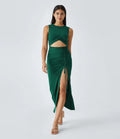 Round Neck Cut Out Ruched Drawstring Hem Bodycon Maxi Casual Dress