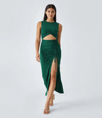 Round Neck Cut Out Ruched Drawstring Hem Bodycon Maxi Casual Dress