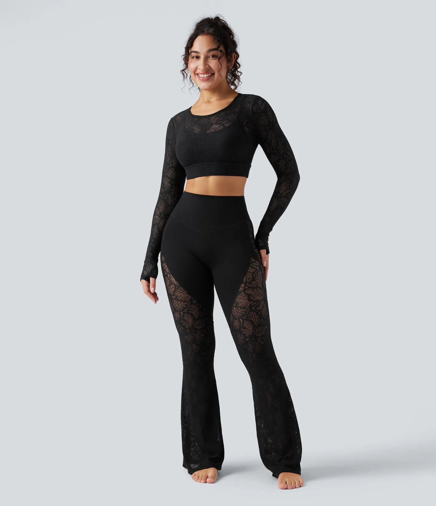 High Waisted Tummy Control Contrast Lace Yoga Flare Leggings with Pocket
