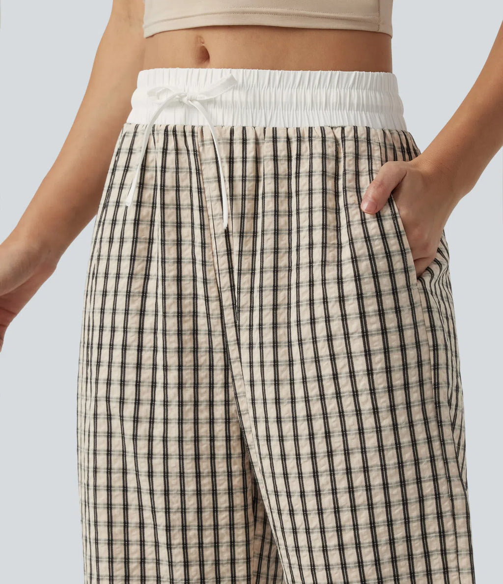 Mid Rise Drawstring Wide Leg Baggy Plaid Casual Pants with Pockets