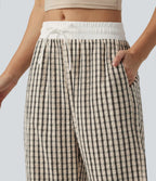 Mid Rise Drawstring Wide Leg Baggy Plaid Casual Pants with Pockets