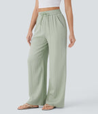 High Waisted Drawstring Pocket Wide Leg Baggy Casual Linen-Feel Pants