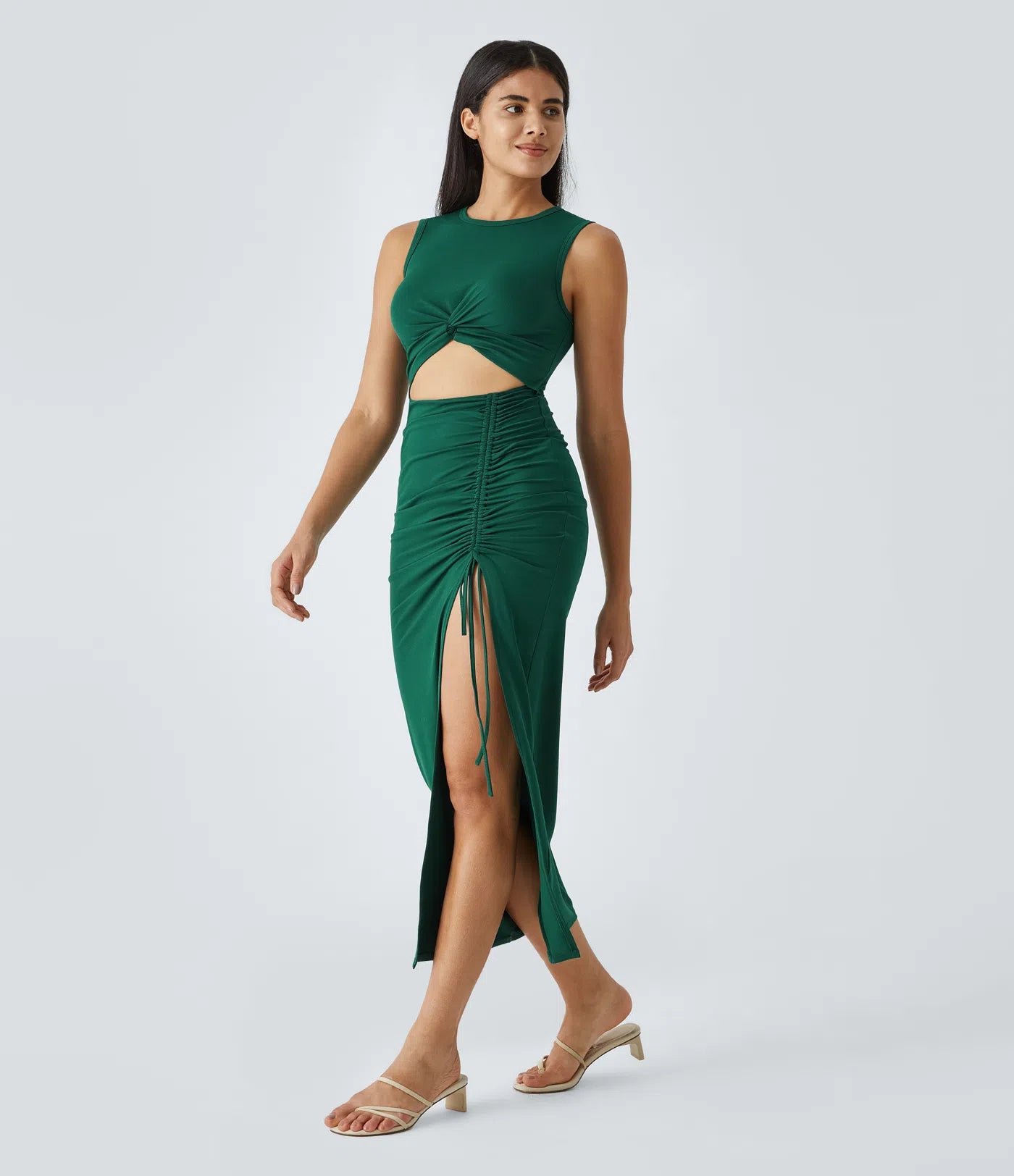 Round Neck Cut Out Ruched Drawstring Hem Bodycon Maxi Casual Dress