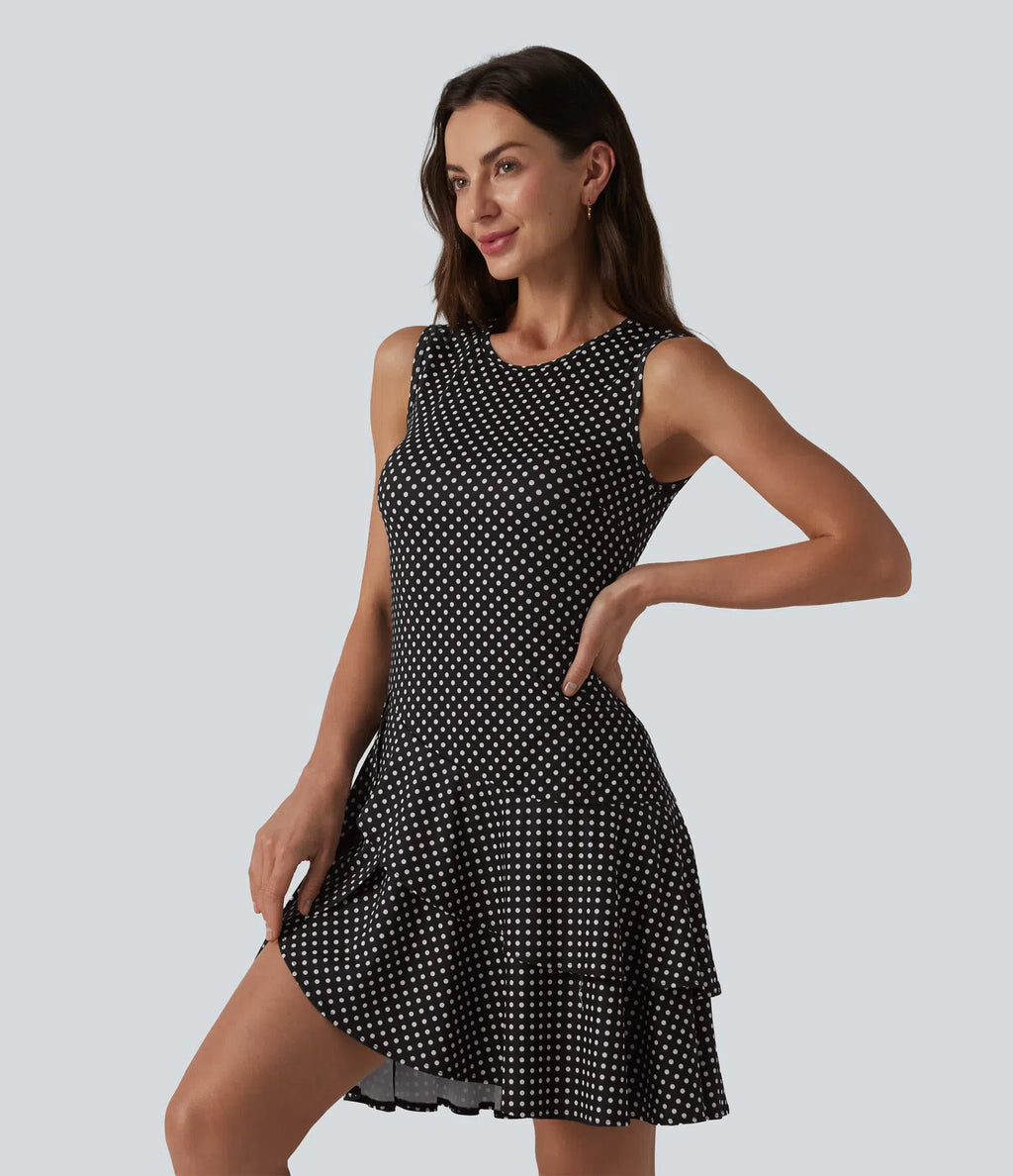 Sleeveless Layered Ruffle Hem Polka Dot Mini Casual Dress