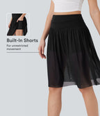 High Waisted Ruched 2-in-1 Contrast Mesh Flowy Midi Casual Skirt with Pockets