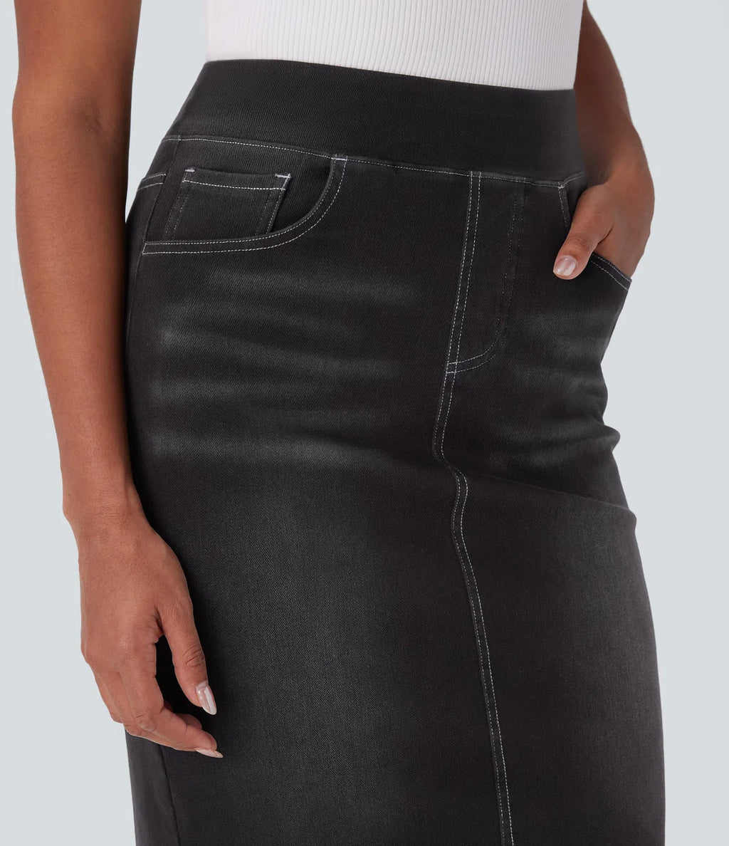 High Waisted Pockets Washed Denim Casual Skirt