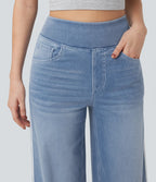High Waisted Stripe Wide Leg Flowy Washed Casual Jeans with Pockets
