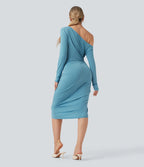 One-shoulder Long Sleeve Ruched Split Midi Bodycon Dress