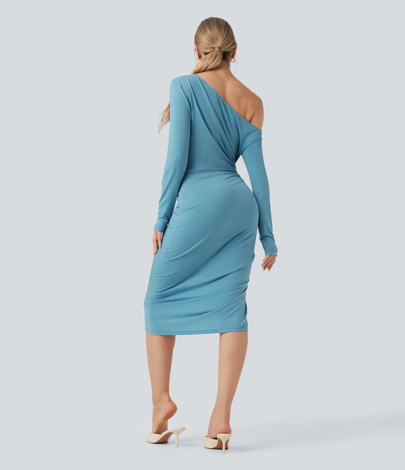 One-shoulder Long Sleeve Ruched Split Midi Bodycon Dress