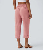 High Waisted Zipper Pocket Cropped Linen-Feel Pants