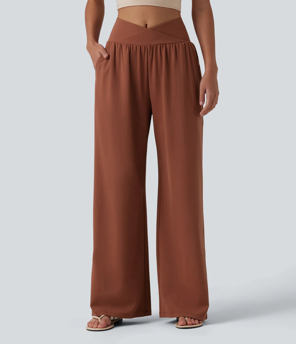 Airy Crossover High Waisted Cool Touch Casual Baggy Pants with Pockets