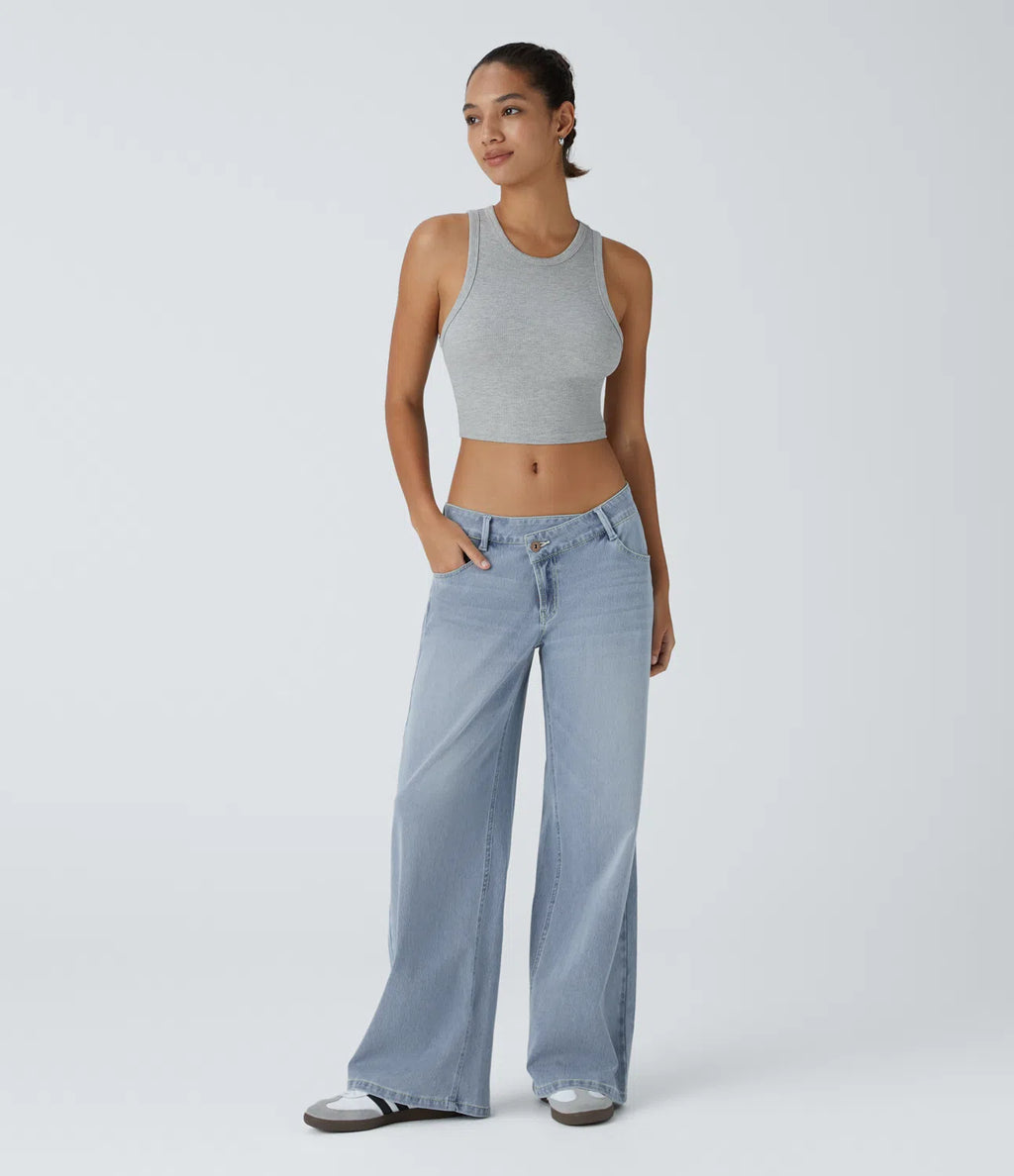 Asymmetric Low Rise Zipper Pockets Baggy Wide Leg Washed Casual Jeans