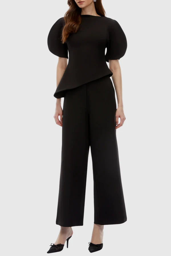 Aniya Puff Sleeve Top & Trousers Set - Black