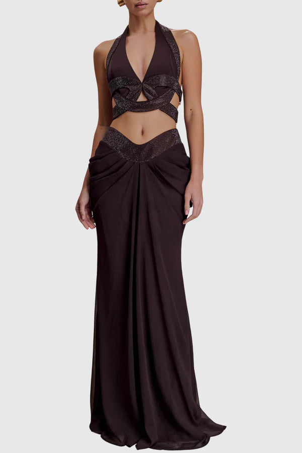 Arcelia Halter Crystal Top & Maxi Skirt Set