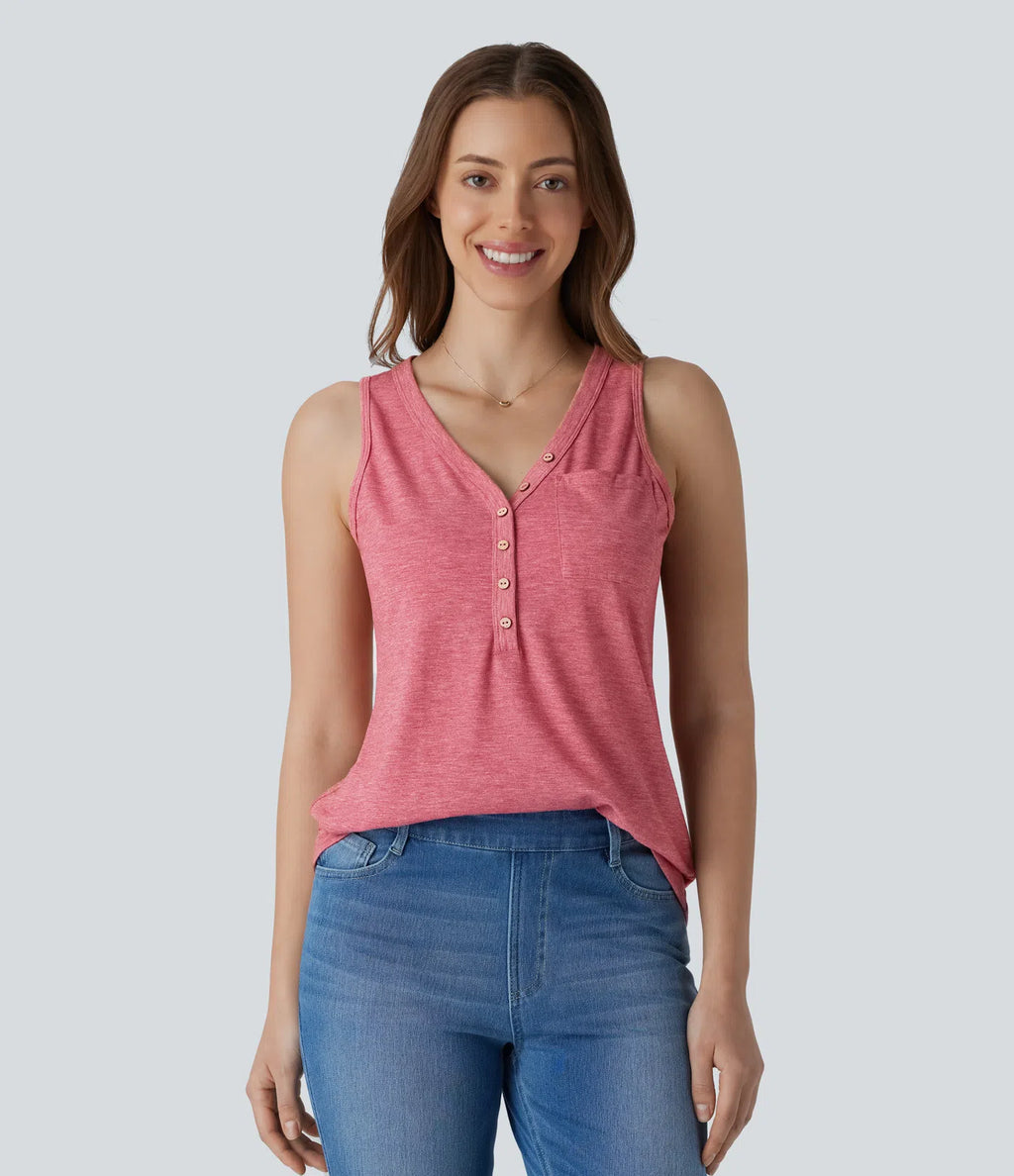 V Neck Sleeveless Decorative Casual Top